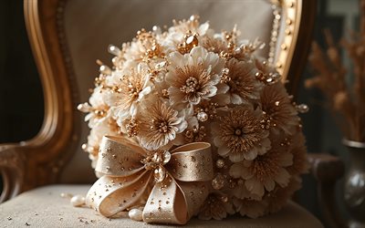 Wedding bouquet with bronze decorations, 4k, bridal bouquet, wedding bouquet, wedding template, round wedding bouquet, wedding