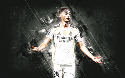 Dean Huijsen, Real Madrid, Spanish footballer, goal celebration, white stone background, Real Madrid CF, grunge art, La Liga, Spain, football, Dean Huijsen Real Madrid