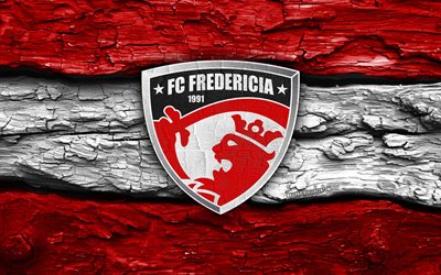 logo en bois du fc fredericia, 4k, fond en bois blanc rouge, 1ère division danoise, football, logo du fc frédéricia, emblème du fc fredericia, fc frédéricia, club de football danois, frédéricia fc
