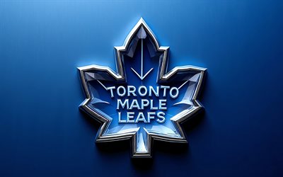 logo en cristal des maple leafs de toronto, 4k, fond en métal bleu, lnh, logo des maple leafs de toronto, emblème des maple leafs de toronto, usa, maple leafs de toronto, hockey, canada