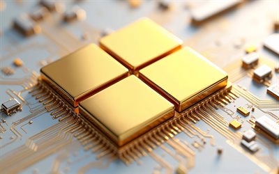 マイクロソフトのゴールドメタルロゴ, windows 11のゴールドロゴ, マイクロソフトのゴールドロゴ, 4k, 白い技術の背景, windows 11のロゴ, windows 11のエンブレム, マイクロソフト, windowsのロゴ, windows 11, 窓, windows 11 のサイン