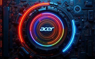 acer'ın parlayan logosu, 4k, karanlık yüksek teknoloji arka planı, renkli neon ışıklar, iletkenler, mikrodevre, elektronik markalar, acer 3d logosu, markalar, acer renkli logosu, sanat eseri, acer logosu, akçaağaç