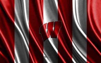 4k, logo dei tassi del wisconsin, ncaa, struttura di seta bianca rossa, bandiera dei tassi del wisconsin, società di football americano, bandiera di seta, emblema dei tassi del wisconsin, usa, tassi del wisconsin