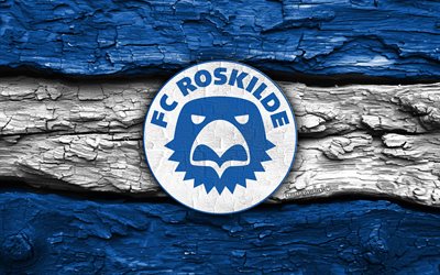 logo en bois du fc roskilde, 4k, fond en bois blanc bleu, 1ère division danoise, football, logo du fc roskilde, emblème du fc roskilde, fc roskilde, club de football danois, roskilde fc