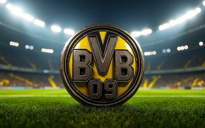 borussia dortmund metal logosu, 4k, bundesliga, sahne ışıkları, futbol stadyumu, futbol, borussia dortmund 3d logosu, bvb, borussia dortmund logosu, borussia dortmund, alman futbol kulübü, borussia dortmund fc