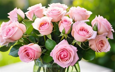 vaaleanpunaiset ruusut, 4k, puutarha, lasi maljakko, bokeh, ruusukimppu, kauniita kukkia, tausta ruusuilla, vaaleanpunaiset kukat, ruusut