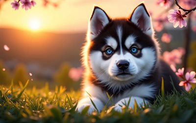 साइबेरियन हस्की 4k, नीली आंखें, कुत्ते का पिल्ला, सूर्यास्त, वसंत, चेरी खिलना, कुत्ते, प्यारे जानवर, पिल्लों, पालतू जानवर, साइबेरियन हस्की, bokeh, वसंत के फूल, साइबेरियन हस्की कुत्ता