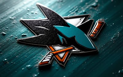 san jose sharks logotyp i metall, 4k, turkos metall bakgrund, nhl, san jose sharks logotyp, san jose sharks emblem, usa, san jose sharks, hockey