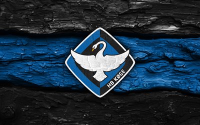 logo en bois hb koge, 4k, fond en bois bleu noir, 1ère division danoise, football, logo hb koge, emblème hb koge, hb köge, club de football danois, kogé fc