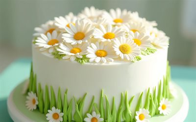 daisy tårta, 4k, vårkaka, tårta dekorerad med prästkragar, sommar tårta, vårkaka idéer, bakning, sötsaker, vit tårta