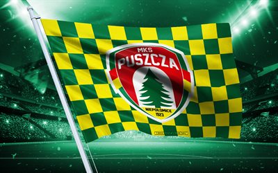4k, logo puszcza niepolomice, società calcistica polacca, bandiera dello stadio, bandiera dei tifosi di puszcza niepolomice, bandiera giallo verde, emblema di puszcza niepolomice, ekstraklasa, polonia, calcio, puszcza niepolomice