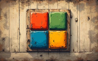 マイクロソフトのレトロなロゴ, 4k, 抽象的な木製の背景, レトロアート, ソフトウェアブランド, 抽象化, microsoft の抽象的なロゴ, マイクロソフトのロゴ, ブランド, クリエイティブ, マイクロソフト