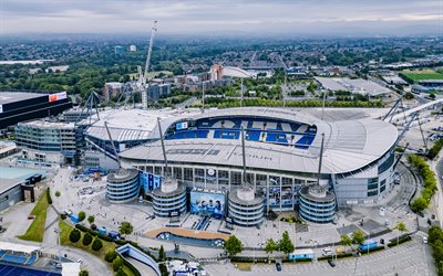 シティ オブ マンチェスター スタジアム, 4k, 空撮, マンチェスター シティ fc スタジアム, エティハド スタジアム, サッカースタジアム, マンチェスター・シティfc, エティハド キャンパス, マンチェスター, イングランド