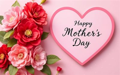 hyvää äitienpäivää, 4k, vaaleanpunainen sydän, onnittelukortti, vaaleanpunainen tausta, hyvää äitienpäivää käsitteet, värikkäitä 3d kukkia, kalligrafiset kirjaimet, hyvää äitienpäivää kirjoitus