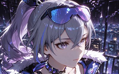 4k, चांदी का भेड़िया, रात का दृश्य, होन्काई स्टार रेल, इमारतों, एनिमे पात्र, मंगा, होन्काई स्टार रेल पात्र, सिल्वर वुल्फ होन्काई स्टार रेल