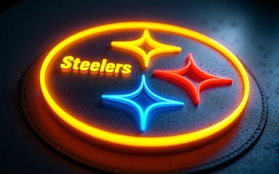 logo lumineux des steelers de pittsburgh, 4k, fond de métal noir, logo des steelers de pittsburgh, néon, emblème des steelers de pittsburgh, usa, steelers de pittsburgh, football américain, nfl