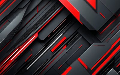 4k, 赤黒の背景, マテリアルデザイン, 赤い線, 3d テクスチャ, 赤い光線, アートワーク, メタルアート, 幾何学, 抽象的な背景, 幾何学的な背景, 抽象化, 黒の抽象的な背景