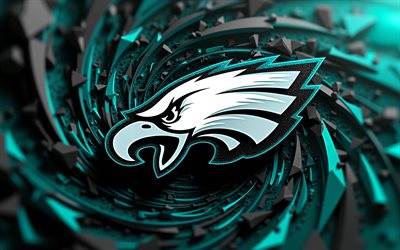 4k, philadelphia eagles 3d  logo, bokeh, musta turkoosi 3d tausta, nfl, amerikkalainen jalkapallo, luova, philadelphia eagles  logo, amerikkalainen jalkapallojoukkue, philadelphia eagles