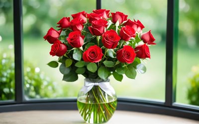 punaisia ​​ruusuja, 4k, puutarha, lasi maljakko, bokeh, ruusukimppu, kauniita kukkia, tausta ruusuilla, punaisia ​​kukkia, ruusut