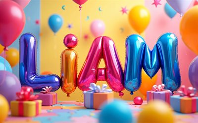 4k, liam, letras de globos de colores, nombre de liam, creativo, cumpleaños de liam, nombres masculinos americanos populares, fondo colorido, feliz cumpleaños liam, foto con el nombre de liam