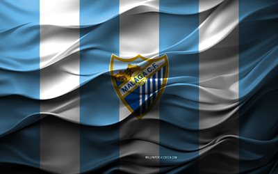 4k, मलागा सीएफ लोगो, नीला सफेद 3डी पृष्ठभूमि, मलागा सीएफ प्रतीक, सेगुंडा डिवीजन, स्पेनिश फुटबॉल टीम, मलागा सीएफ ध्वज, 3डी बनावट, मलागा सीएफ, फ़ुटबॉल, स्पेन