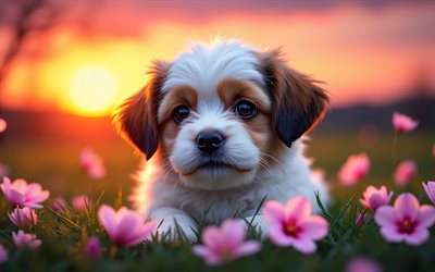 4k, हवानीज़ पिल्ला, सूर्यास्त, वसंत, चेरी खिलना, कुत्ते, प्यारे जानवर, पिल्लों, पालतू जानवर, हवानीज़, bokeh, वसंत के फूल, हवाना कुत्ता