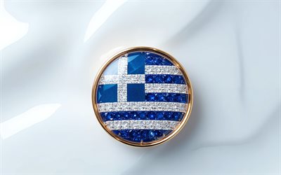 yunanistan bayrağı, 4k, bir değerli taş içinde yunanistan bayrağı, beyaz arka plan, değerli taş, beyaz kristal arka plan, yunanistan, yunan bayrağı