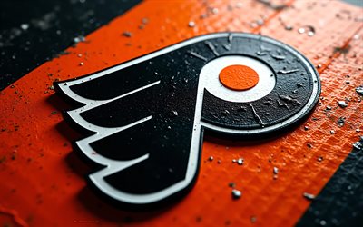 philadelphia flyersin metallinen logo, 4k, oranssi musta metalli tausta, nhl, philadelphia flyersin logo, philadelphia flyersin tunnus, usa, philadelphia flyers, jääkiekko