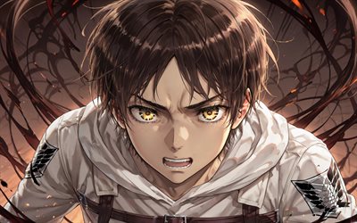 エレン・イェーガー, 4k, 茶色の抽象的な背景, 暗闇, 進撃の巨人, マンガ, アニメのキャラクター, 主人公, 進撃の巨人の登場人物, エレン・イェーガー 進撃の巨人