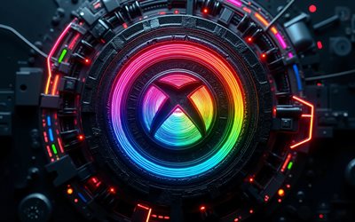 xbox soyut logosu, 4k, karanlık yüksek teknoloji arka planı, renkli neon ışıklar, iletkenler, mikrodevre, elektronik markalar, xbox 3d logosu, markalar, xbox renkli logosu, sanat eseri, xbox logosu, xbox