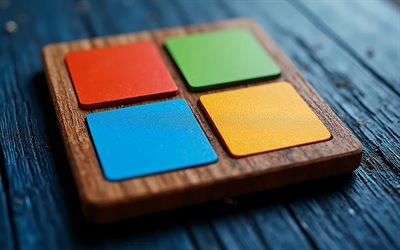 microsoft 3d 木製ロゴ, windows 11 の木製ロゴ, 4k, マイクロソフトのサイン, マイクロソフトのエンブレム, 木製アート, 青い背景, windows 11のロゴ, windows 11, マイクロソフトのロゴ, windowsのロゴ, 窓