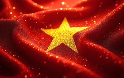 vietnam bayrağı, 4k, değerli taşlar, kristaller, parlak taşlar, vietnam, yaratıcı sanat, kırmızı taşlar, kırmızı sarı kristaller