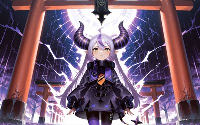 4k, ラプラス, 鳥居, 紫色の抽象的な背景, バーチャルyoutuber, 暗闇, ホロライブ, vtuber, 緑の目, ラ・ダークネス, マンガ, らぷらすチャンネル, らぷらす バーチャルyoutuber