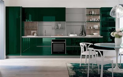 design d'intérieur de cuisine moderne, armoires vertes brillantes dans la cuisine, meubles de cuisine verts, design d'intérieur élégant, cuisine, armoires de cuisine vertes, idées pour une cuisine moderne, idées d'intérieur de cuisine