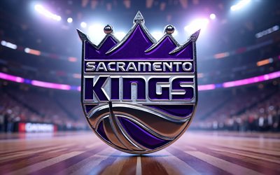 4k, logotipo metálico do sacramento kings, holofotes, fundo do estádio de basquete, nba, criativo, basquetebol, logotipo do sacramento kings, logotipo 3d do sacramento kings, time de basquete americano, reis de sacramento