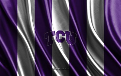 4k, logotipo de tcu horned frogs, ncaa, textura de seda blanca púrpura, bandera de ranas cornudas de tcu, club de fútbol americano, bandera de seda, emblema de ranas cornudas de tcu, eeuu, insignia de ranas cornudas de tcu, ranas cornudas de tcu