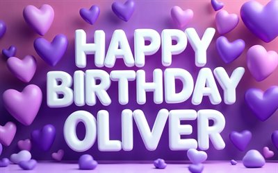olivier joyeux anniversaire, 4k, coeurs 3d violets, lettres blanches en 3d, nom d'olivier, créatif, anniversaire d'olivier, coeurs 3d, fond violet, prénoms masculins américains populaires, joyeux anniversaire olivier, photo avec le nom d'olivier, olivier