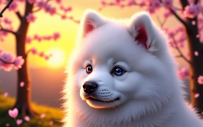 4k, cucciolo di samoiedo, tramonto, primavera, fiore di ciliegio, cani, simpatici animali, cuccioli, animali domestici, samoiedo, bokeh, fiori primaverili, cane samoiedo