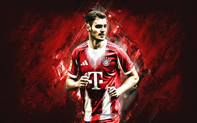 josip stanisic, fc bayern münchen, kroatialaiset jalkapalloilijat, punainen kivi tausta, bayern münchen, grunge taidetta, bundesliiga, jalkapallo, saksa, josip stanisic bayern münchen