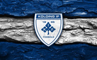 logo en bois kolding if, 4k, fond en bois blanc bleu, 1ère division danoise, football, logo de kolding if, emblème de kolding if, kolding if, club de football danois, fc kolding