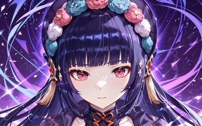 yun jin, 4k, menekşe neon ışınları, genshin etkisi, menekşe soyut arka plan, anime karakterleri, kırmızı gözler, genshin etkisi karakterleri, yun jin genshin etkisi