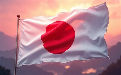 4k, علم اليابان على سارية العلم, غروب, علم اليابان, الجبال, العلم الياباني, علم اليابان النسيج, آسيا, علم اليابان ثلاثي الأبعاد, اليابان