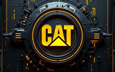 caterpillar 3d logosu, 4k, karanlık yüksek teknoloji arka planı, sarı parlama, inşaat ekipmanı, yaratıcı, markalar, caterpillar'ın parlayan logosu, sanat eseri, caterpillar logosu, tırtıl