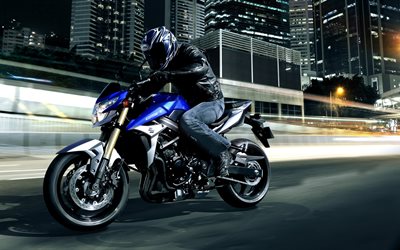 night, 2016, Suzuki GSX-R750, movement, rider, road, blue suzuki