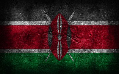 4k, علم كينيا, نسيج الحجر, الحجر الخلفية, العلم الكيني, يوم كينيا, فن الجرونج, الرموز الوطنية الكينية, كينيا