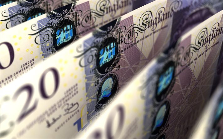 bank of england £20-sedel, 20 pund sterling, finans, pengar, pund sterling, gbp, pengar bakgrund, finanskoncept, bakgrund med pund sterling
