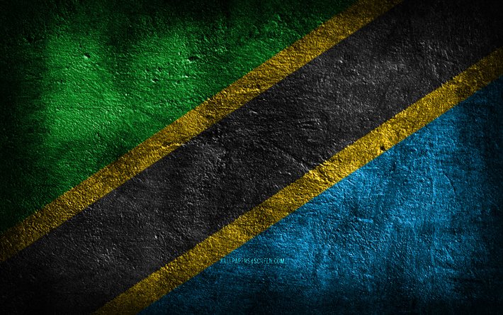 4k, 탄자니아 국기, 돌 질감, 탄자니아의 국기, 돌 배경, 탄자니아의 날, 그런지 아트, 탄자니아 국가 상징, 탄자니아, 아프리카 국가