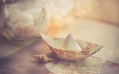 paper boat, travel concepts, tourism, summer travel, map, evening, world map, shell