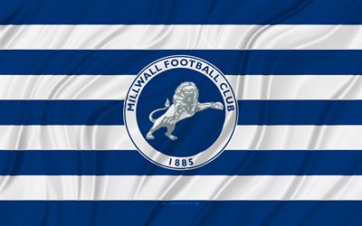 millwall fc, 4k, bandiera ondulata bianca blu, campionato, calcio, bandiere in tessuto 3d, bandiera millwall fc, logo middlesbrough fc, squadra di calcio inglese, fc millwall