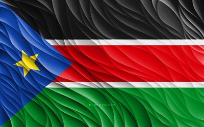 4k, 南スーダンの旗, 波状の3dフラグ, アフリカ諸国, 南スーダンの日, 3d波, 南スーダンの国家のシンボル, 南スーダン